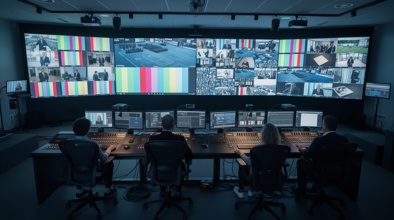 Wide view of a television production control room with staff at work