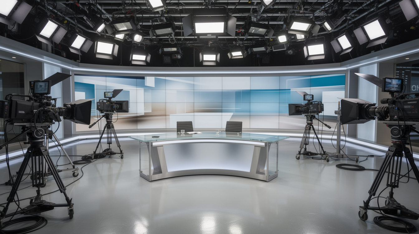 Television studio interior with cameras and lighting rigs
