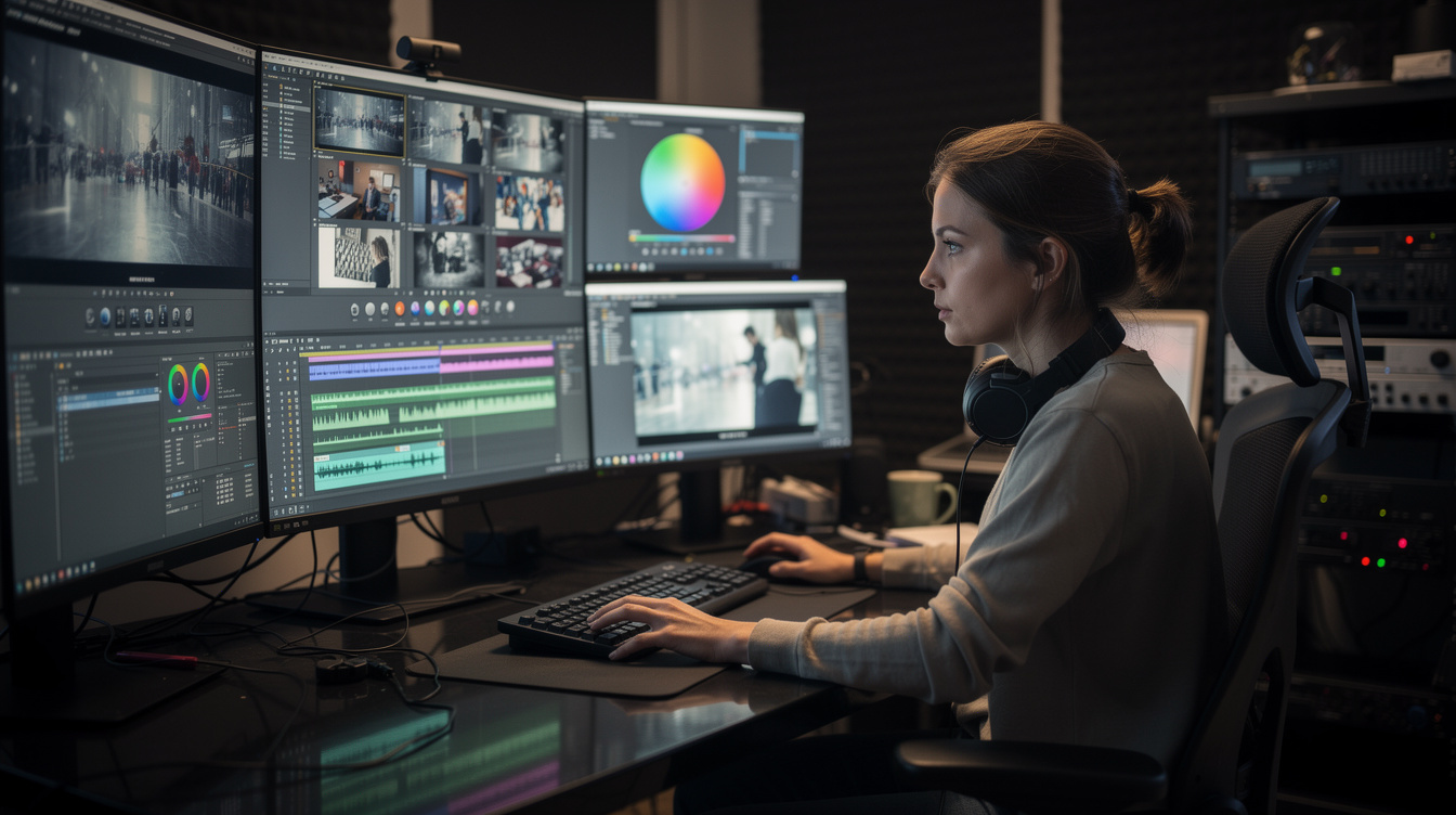 Video editor working on footage at an editing workstation