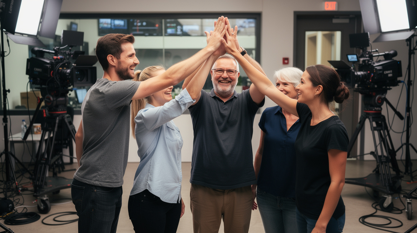 Production team celebrating with a group high five after a successful shoot